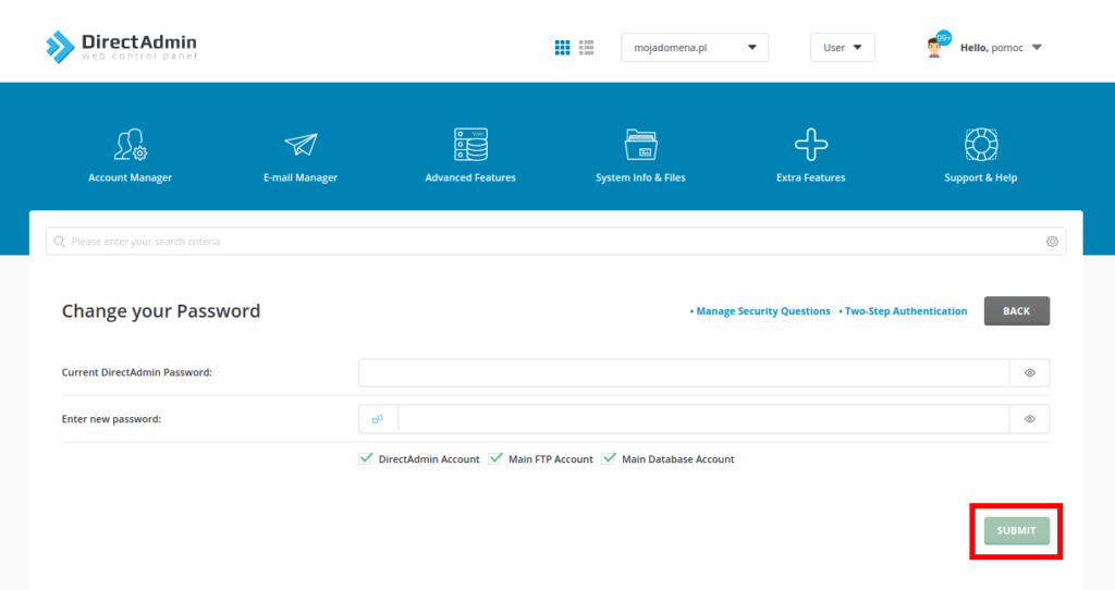 Jak zmienić hasło użytkownika w DirectAdmin?