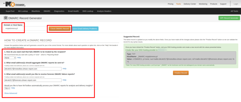 Darmowy generator DMARC - mxtollbox.