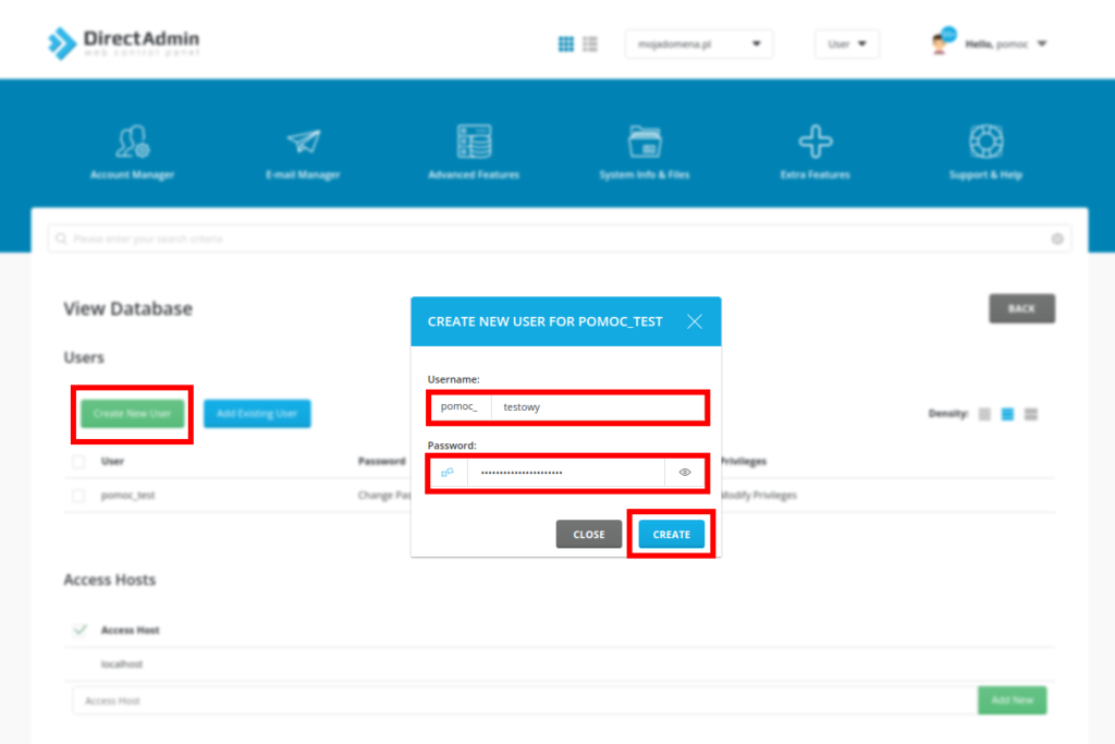 Tworzenie nowego usara mysql w DA