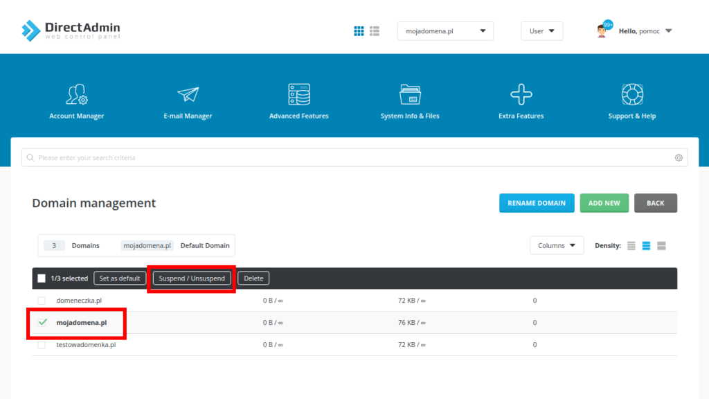 Jak zablokować i odblokować domenę w DirectAdmin?