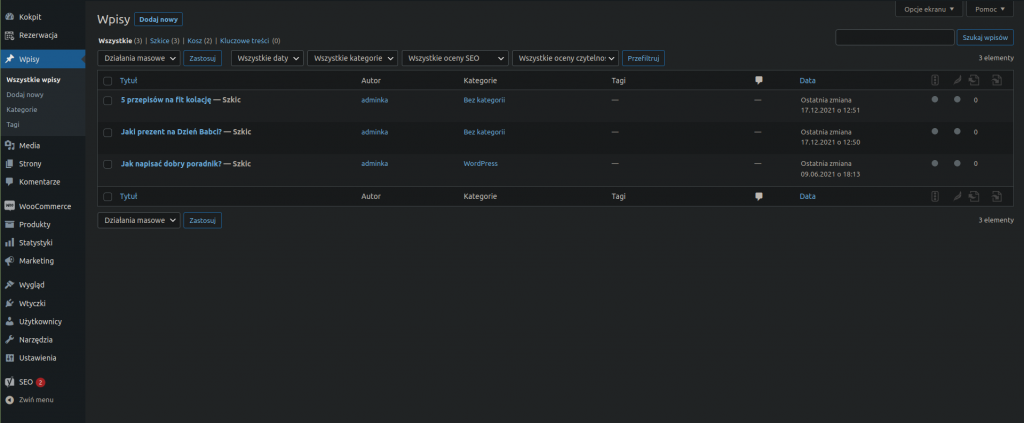 Lista wpisów w WordPressie.
