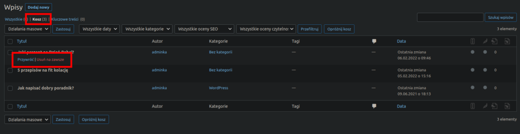 Przywracanie wpisów z kosza wordpress