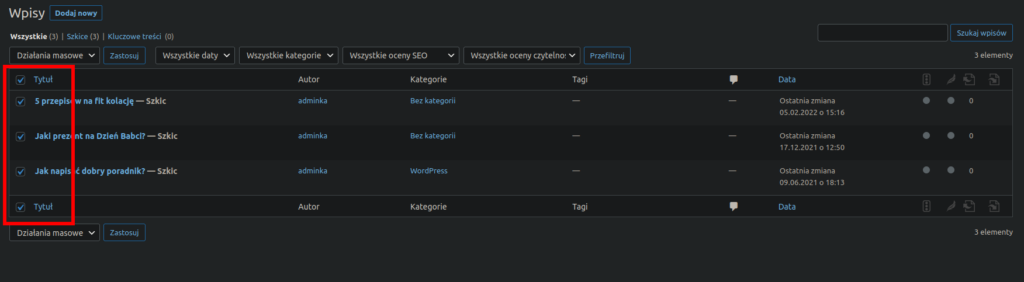 Zaznaczenie wpisów wordpress