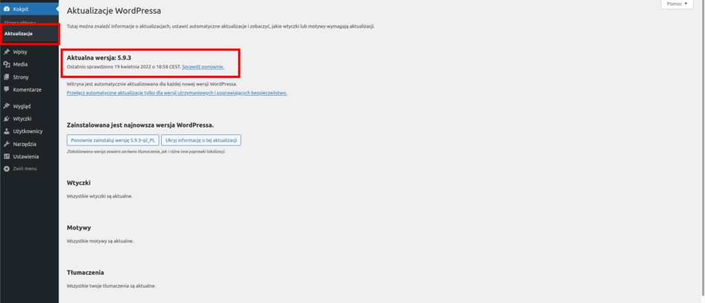Jak sprawdzić posiadaną wersję WP w kokpicie WordPressa?