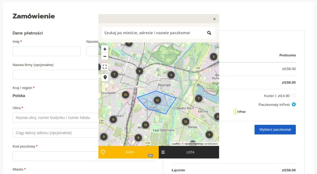 podgląd mapy paczkomatów w WordPress