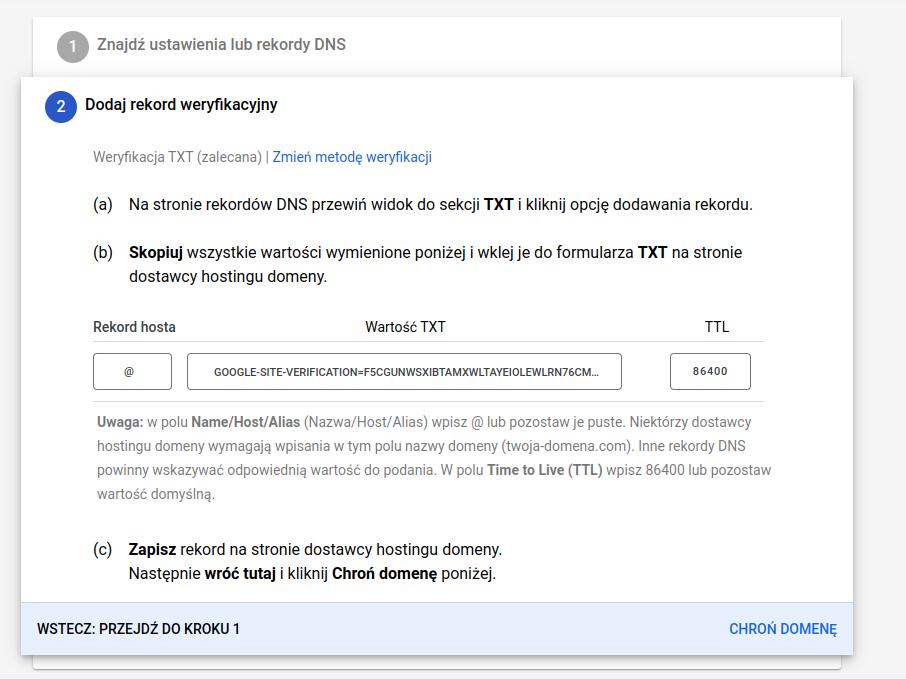 Dodawanie rekordu weryfikacyjnego Google Workspace.