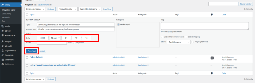 Jak zmienić datę wpisu w WordPressie?