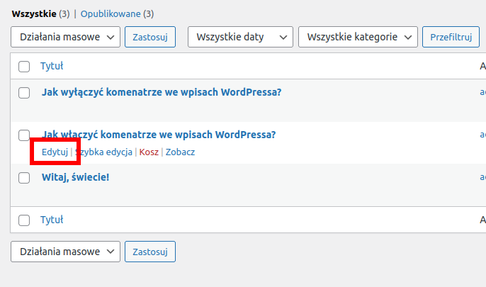 Edycja wpisu WordPress