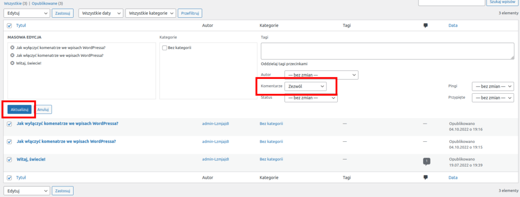 Masowe włączenie możliwości dodawania komenatrzy dla wpisów WordPressa.