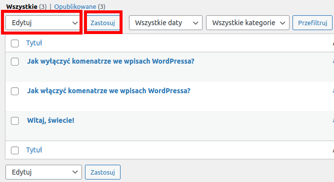 Masowe działania dla wpisów WordPress