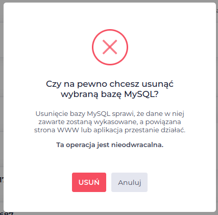 Potwierdzenie usunięcia bazy danych lh.pl