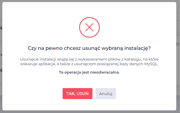 Potwierdzenie usunięcia instalacji WP lh.pl