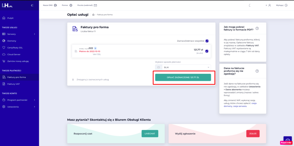 Opłacenie certyfikatu SSL w LH.pl