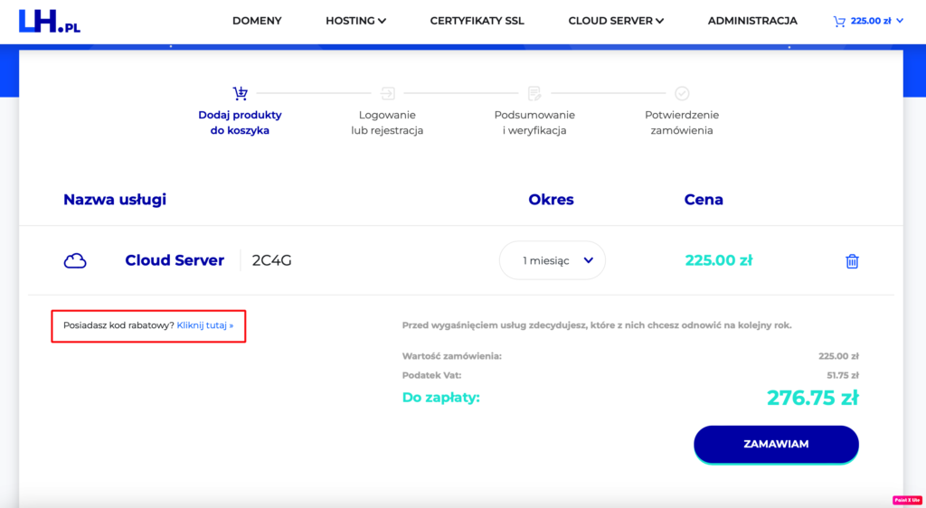 Jak zamówić Cloud Server w LH.pl z kodem od Partnera 