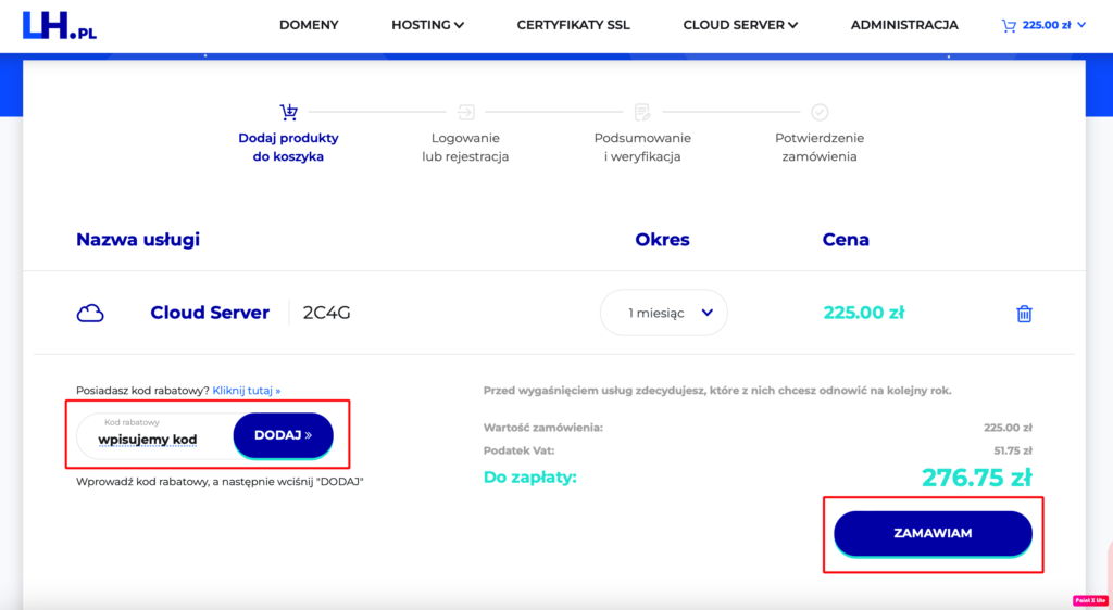 Jak zamówień Cloud server z kodem rabatowym