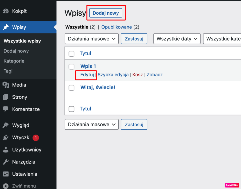 dodanie / edycja wpisu WordPress