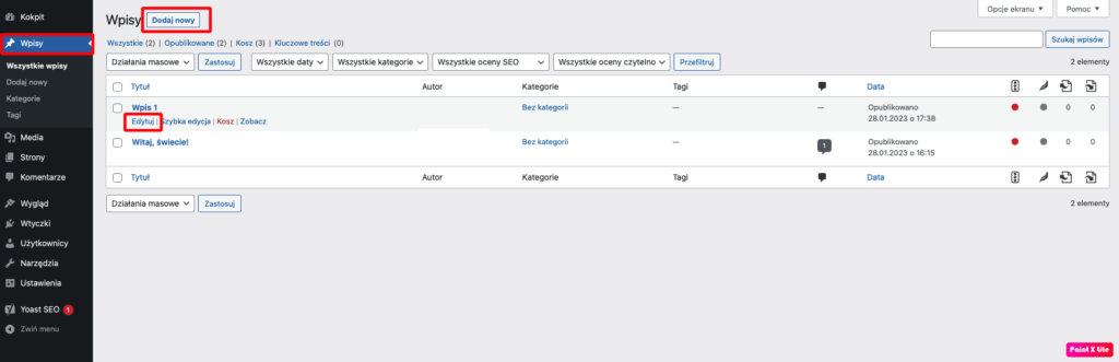 Dodanie / edycja wpisu w wordpressie