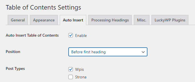 Ustawienia wtyczki LuckyWP Table of Contents