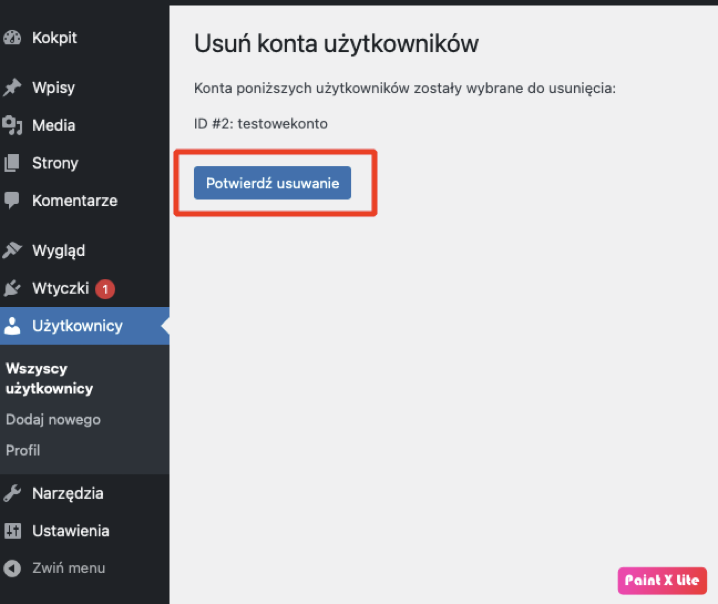 Potwierdzenie usunięcia konta wordpress