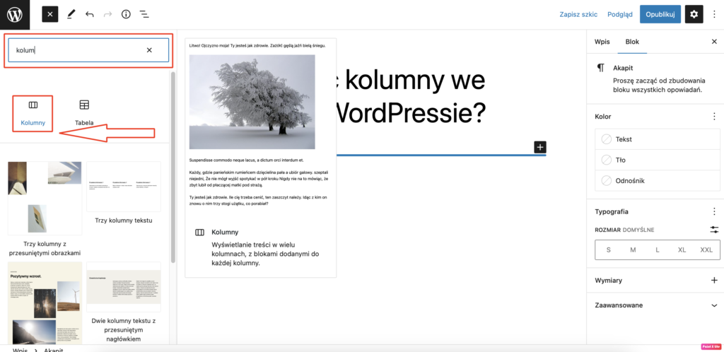 Dodanie bloku do wpisu WordPress o nazwie kolumny