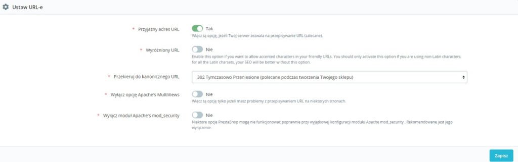 PrestaShop - ustawienia adresów URL