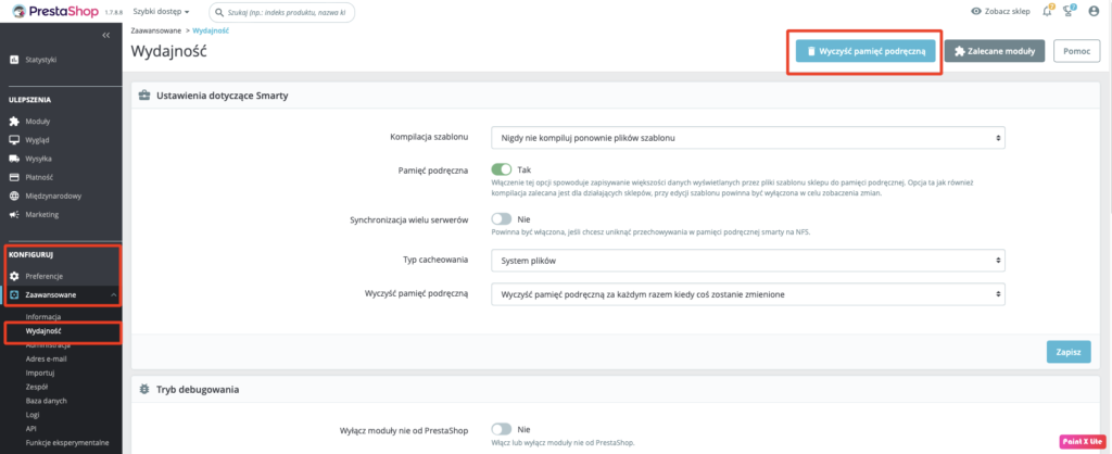 Wyczyszczenie cache w ustawieniach prestashop