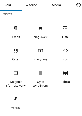 Widok przeglądarki bloków Gutenberga wyświetlający bloki sekcji Tekst