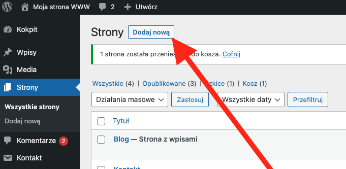 Widok zakładki Strony w kokpicie WordPress