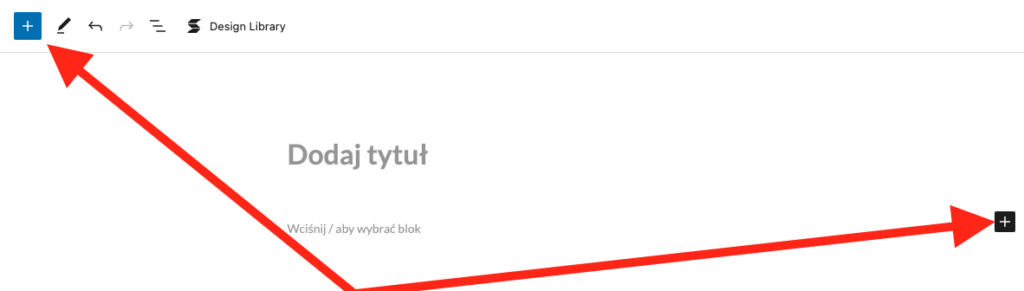Przyciski + umożliwiające dodanie nowego bloku Gutenberga