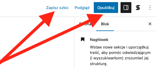 Przyciski pozwalające zapisać zmiany w Gutenbergu