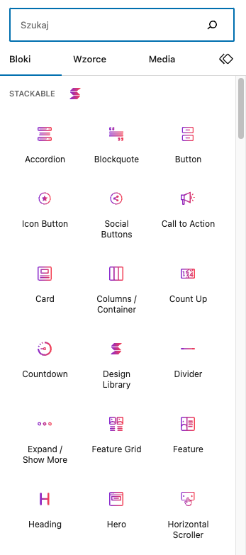 Widok biblioteki bloków Gutenberga - sekcja wtyczki Stackable