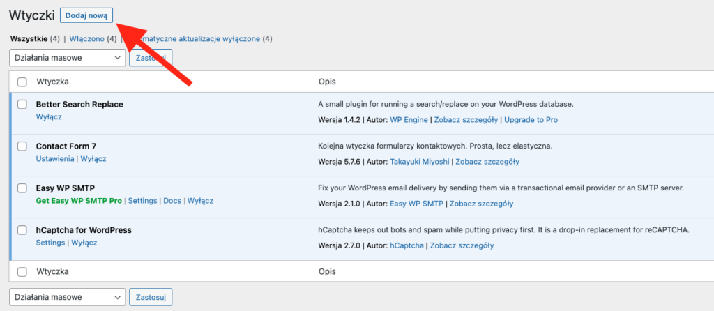 Widok okna z zainstalowanymi wtyczkami w kokpicie WordPress