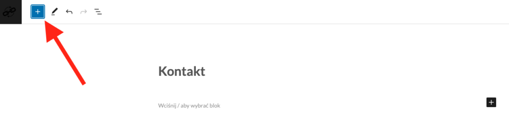 Strzałka wskazująca przycisk plus na ekranie edytora Gutenberg WordPress
