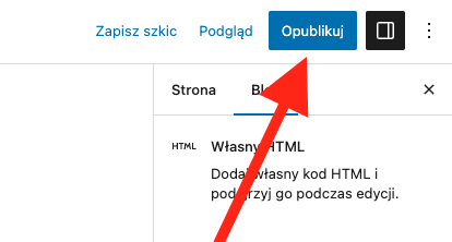 Strzałka wskazująca przycisk Opublikuj w edytorze Gutenberg WordPress