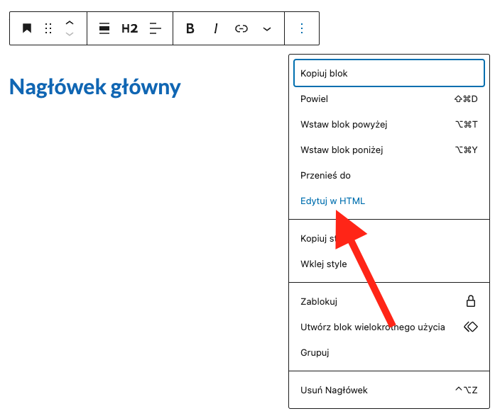 Widok menu podręcznego edycji bloku w edytorze WordPress