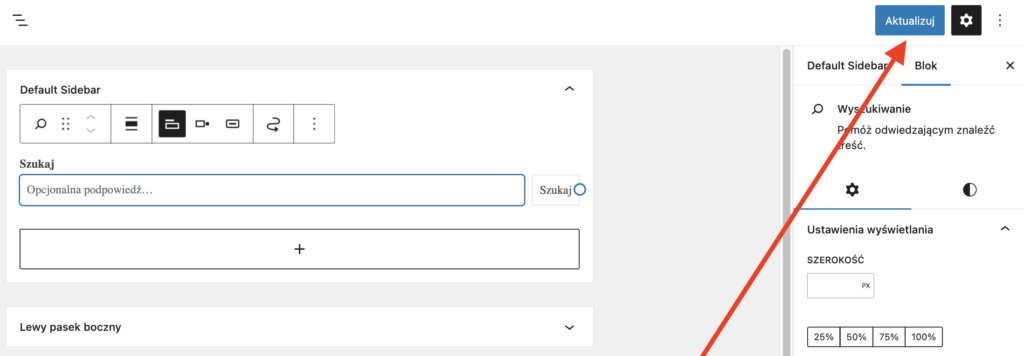 Widok ekranu widgetów WordPressa ze strzałką wskazującą przycisk Aktualizuj