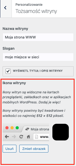 Sekcja ustawień tożsamości witryny WordPress