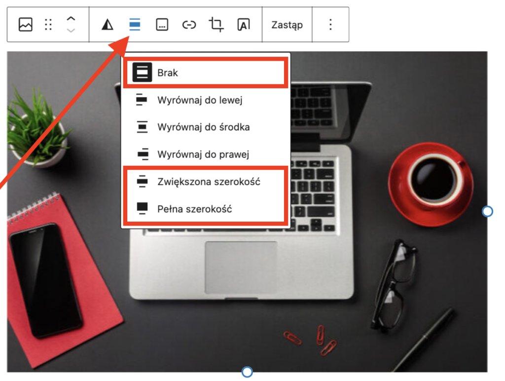 widok ustawień wyrównania w edytorze gutenberg wordpress