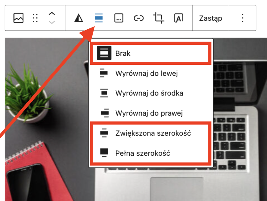 widok ustawień wyrównania w edytorze gutenberg wordpress