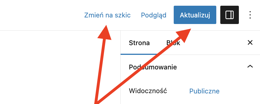 Widok ekranu edytora gutenberg z przyskami służącymi do zapisania i aktualizacji strony