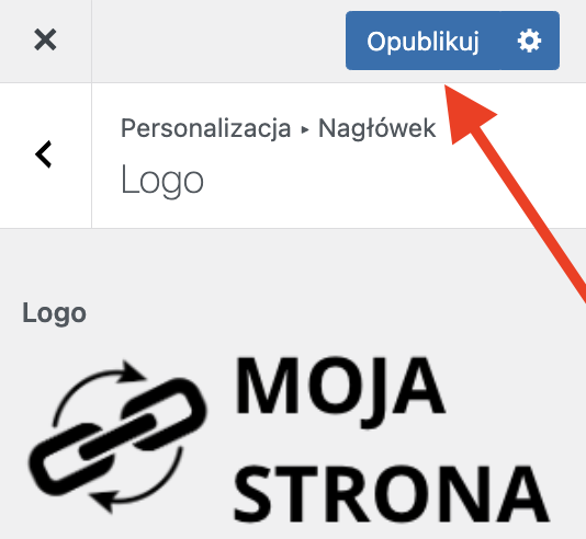 ekran personalizacji motywu ze strzałką wskazującą przycisk opublikuj