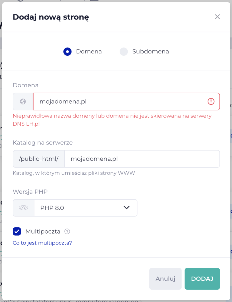 widok okna dodawania domeny do hostingu w LH.pl