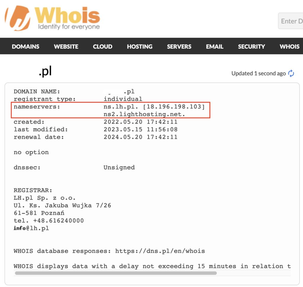 strona whois.com wyświetlająca dane domeny internetowej