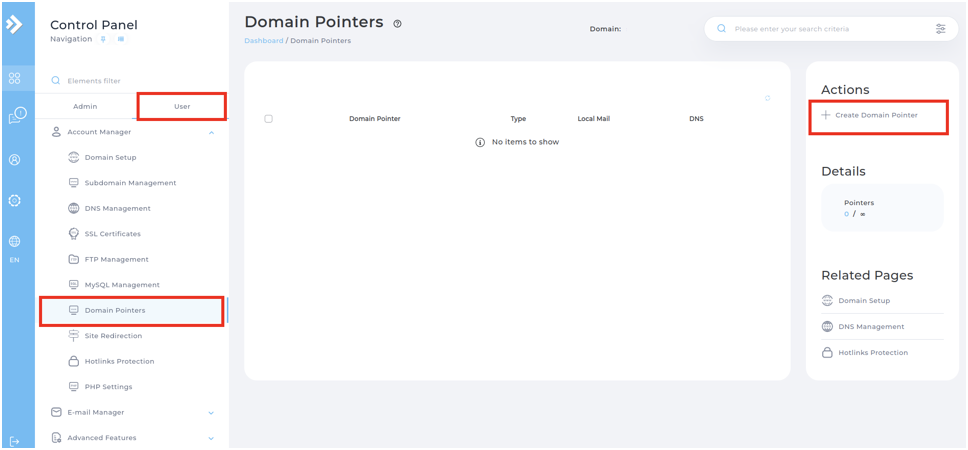 dodanie domain pointer directadmin