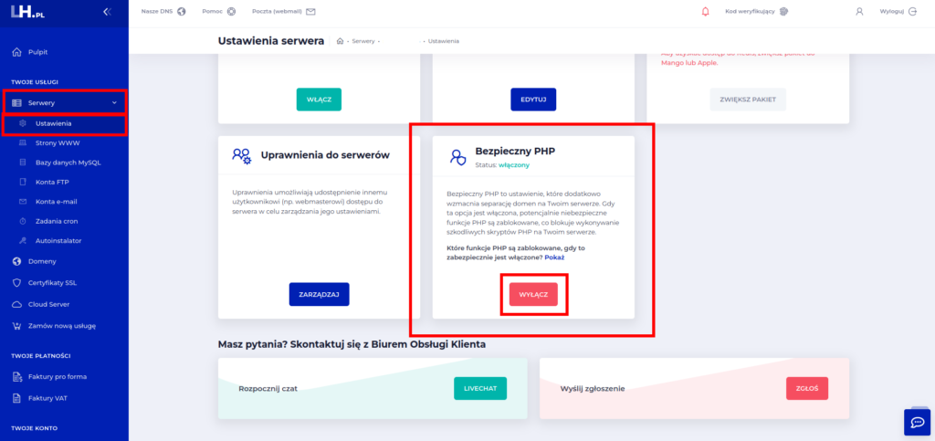 Właczenie bezpiecznego php w panelu klienta lh.pl