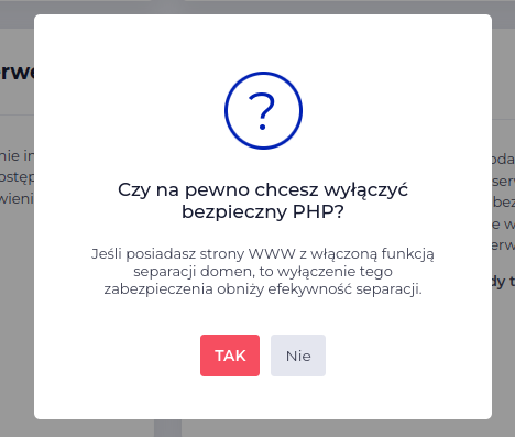 Komunikat podczas wyłaczenia funkcji bezpieczne PHP w LH.pl