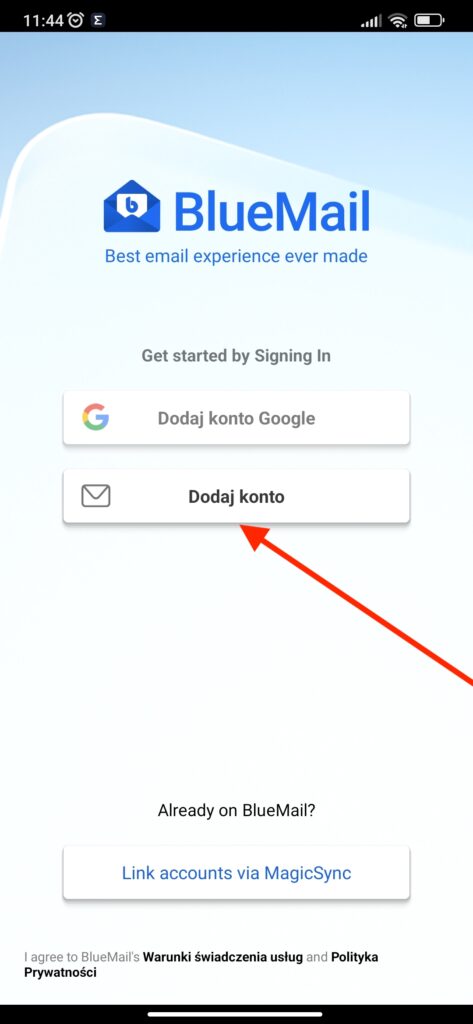 ekran powitalny aplikacji mobilnej bluemail