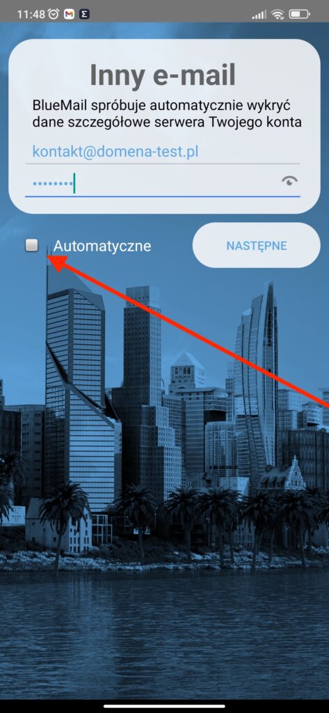 ekran konfiguracji skrzynki aplikacji mobilnej bluemail