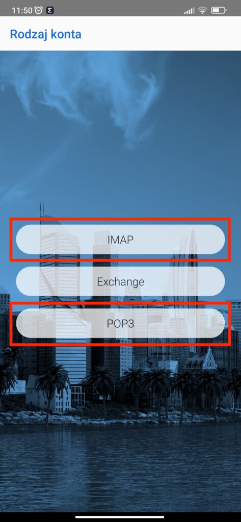 ekran wyboru protokołu poczty email w aplikacji mobilnej bluemail