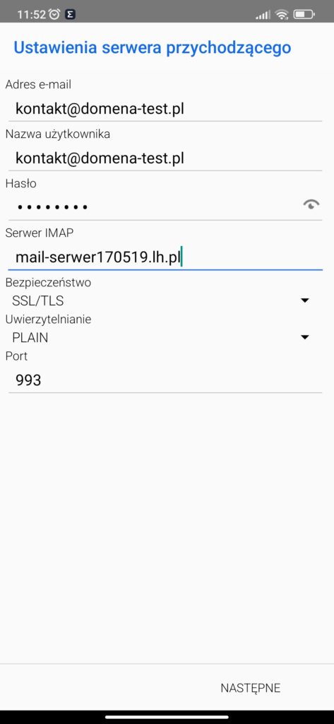 ekran ustawień poczty przychodzącej email w aplikacji mobilnej bluemail